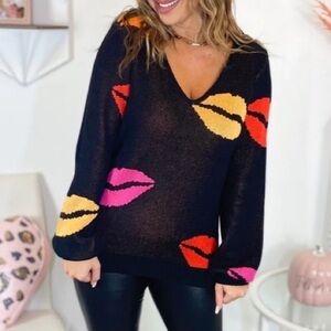 ANDREE by Unit Pink Red Yellow Luscious Lips Kiss Sweater Distressed Women’s M